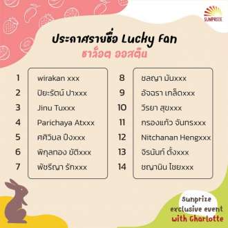 ประกาศรายชื่อผู้ที่ได้สิทธิ์ Lucky Fan ของรอบคุณชาล็อต ออสติน